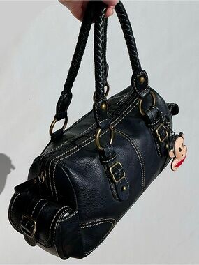 Y2K Vintage Black Leather Satchel bag purse brass buckle side pockets pebbled
